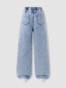 Genkimix Kids Teen Girls Wide Leg Denim Jeans All-Season Streetwear Cute Vintage Light Blue Denim With Strawberry Print Distressed Ripped Hem Design Versatile For D - Light Wash - View 3