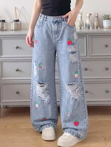 Genkimix Kids Teen Girls Wide Leg Denim Jeans All-Season Streetwear Cute Vintage Light Blue Denim With Strawberry Print Distressed Ripped Hem Design Versatile For D - Light Wash - View 4
