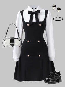 SHEIN Teen Girls' Sweet Preppy Bowknot 2 In 1 Color Block Casual Streetwear Zippered Black Polyester Dress Back To School School Clothes Fall Winter - Black - View 4