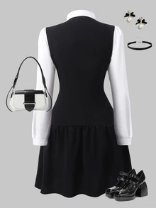 SHEIN Teen Girls' Sweet Preppy Bowknot 2 In 1 Color Block Casual Streetwear Zippered Black Polyester Dress Back To School School Clothes Fall Winter - Black - View 2