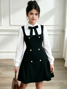 SHEIN Teen Girls' Sweet Preppy Bowknot 2 In 1 Color Block Casual Streetwear Zippered Black Polyester Dress Back To School School Clothes Fall Winter - Black - View 1
