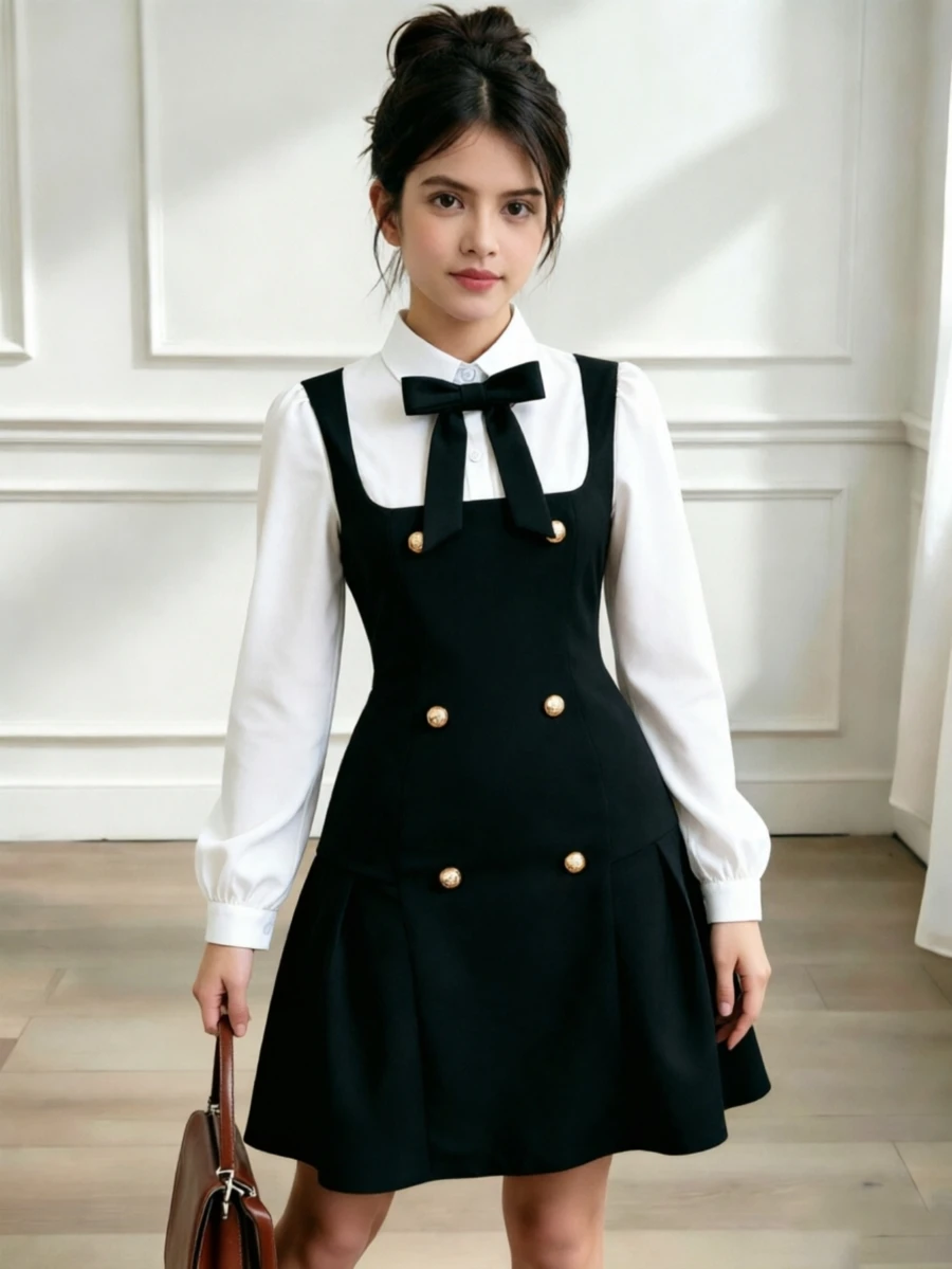 SHEIN Teen Girls' Sweet Preppy Bowknot 2 In 1 Color Block Casual Streetwear Zippered Black Polyester Dress Back To School School Clothes Fall Winter - Black - View 1