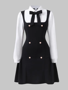 SHEIN Teen Girls' Sweet Preppy Bowknot 2 In 1 Color Block Casual Streetwear Zippered Black Polyester Dress Back To School School Clothes Fall Winter - Black - View 8