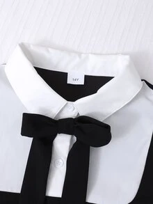 SHEIN Teen Girls' Sweet Preppy Bowknot 2 In 1 Color Block Casual Streetwear Zippered Black Polyester Dress Back To School School Clothes Fall Winter - Black - View 5
