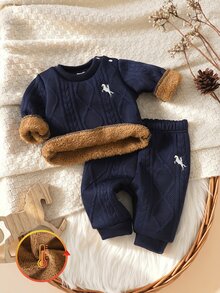 SHEIN 新生兒男嬰秋季刺繡長袖圓領上衣與長褲休閒時尚套裝 - 藏蓝色 - 查看 2