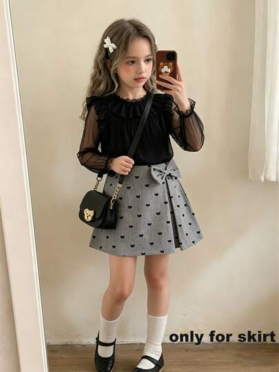 Souflis Souflis 1pc Girls' A-Line Skirt, Elegant Black Bow Print Pattern, Elastic Waist, Fashion Casual Outdoor Bow Decor Skirt