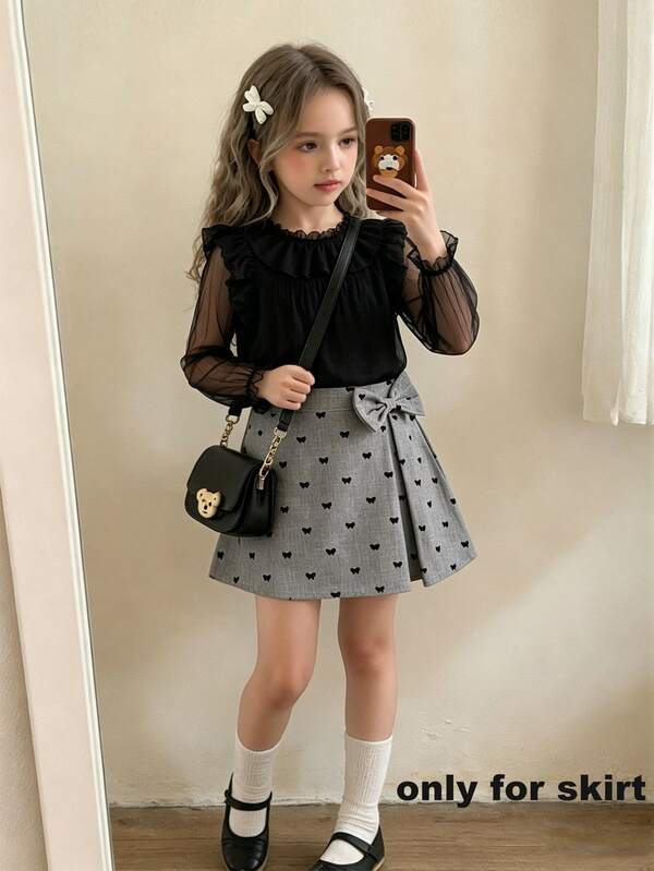 Souflis Souflis 1pc Girls' A-Line Skirt, Elegant Black Bow Print Pattern, Elastic Waist, Fashion Casual Outdoor Bow Decor Skirt