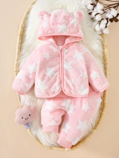 SHEIN 2pcs/Set Newborn Baby Girl Autumn/Winter Cute Pink Hooded Coral Fleece Jacket And Soft Comfortable Pants Outfit, Suitable For Any Occasion Fall