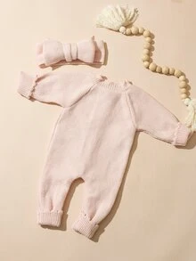 SHEIN 2件組「Little Sister」刺繡新生女嬰攝影套裝，針織連身褲羅馬裝配蝴蝶結髮帶，柔粉色，秋季可愛款 - 淺粉色 - 查看 3