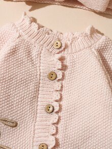 SHEIN 2件組「Little Sister」刺繡新生女嬰攝影套裝，針織連身褲羅馬裝配蝴蝶結髮帶，柔粉色，秋季可愛款 - 淺粉色 - 查看 7