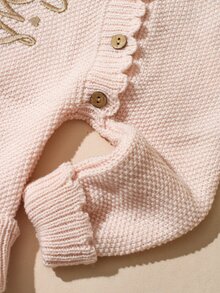 SHEIN 2件組「Little Sister」刺繡新生女嬰攝影套裝，針織連身褲羅馬裝配蝴蝶結髮帶，柔粉色，秋季可愛款 - 淺粉色 - 查看 4