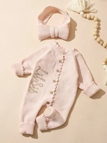 SHEIN 2件組「Little Sister」刺繡新生女嬰攝影套裝，針織連身褲羅馬裝配蝴蝶結髮帶，柔粉色，秋季可愛款 - 淺粉色 - 查看 6