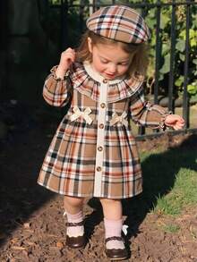 Souflis Souflis Christmas Baby Girls' Colorblock Plaid Pattern Ruffle Hem Bow Decor Dress Hat Set Autumn Mommy And Me Christening Pink Plaid Cute Kawaii - Brown - View 3