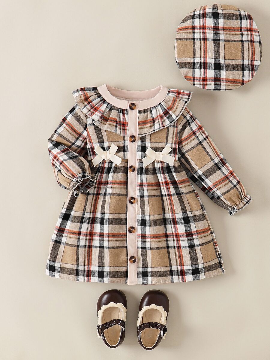 Souflis Souflis Christmas Baby Girls' Colorblock Plaid Pattern Ruffle Hem Bow Decor Dress Hat Set Autumn Mommy And Me Christening Pink Plaid Cute Kawaii - Brown - View 1