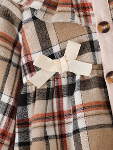 Souflis Souflis Christmas Baby Girls' Colorblock Plaid Pattern Ruffle Hem Bow Decor Dress Hat Set Autumn Mommy And Me Christening Pink Plaid Cute Kawaii - Brown - View 6