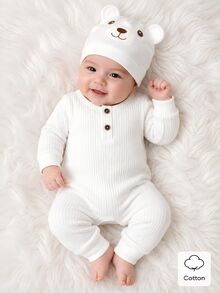 SHEIN Vintaside Kids 新生兒休閒簡約純色風坑條紋半開扣針織米色長袖連身衣，秋冬款 - 白色 - 查看 1