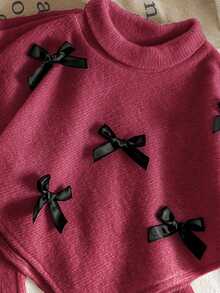 SHEIN Vintaside Kids 女嬰針織羅紋喇叭褲套裝，2件式純色長袖上衣配蝴蝶結與鬆緊腰喇叭褲，秋季穿搭 - 酒紅色 - 查看 5