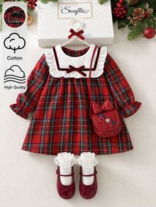 Souflis Souflis Toddler Girls Autumn Red Plaid Long Sleeve Princess Dress, Scottish Tartan Print Christmas Holiday Outfit, Elegant Party Wear, 6 Months - 3 Years - Burgundy - View 9