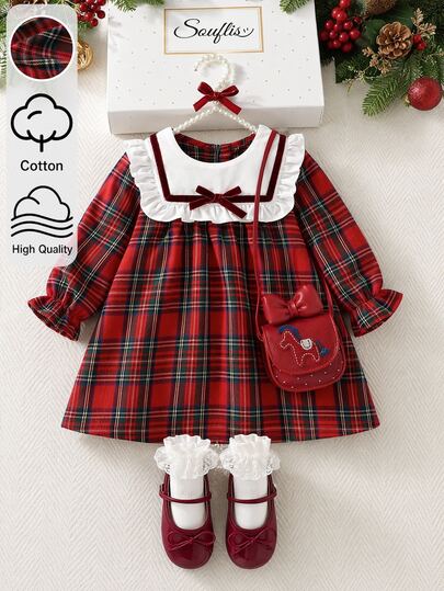 Souflis Souflis Toddler Girls Autumn Red Plaid Long Sleeve Princess Dress, Scottish Tartan Print Christmas Holiday Outfit, Elegant Party Wear, 6 Months - 3 Years