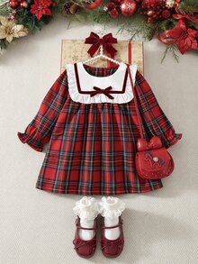 Souflis Souflis Toddler Girls Autumn Red Plaid Long Sleeve Princess Dress, Scottish Tartan Print Christmas Holiday Outfit, Elegant Party Wear, 6 Months - 3 Years - Burgundy - View 8