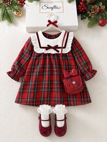 Souflis Souflis Toddler Girls Autumn Red Plaid Long Sleeve Princess Dress, Scottish Tartan Print Christmas Holiday Outfit, Elegant Party Wear, 6 Months - 3 Years - Burgundy - View 1