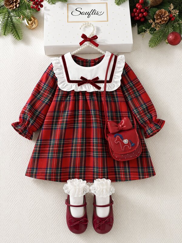 Souflis Souflis Toddler Girls Autumn Red Plaid Long Sleeve Princess Dress, Scottish Tartan Print Christmas Holiday Outfit, Elegant Party Wear, 6 Months - 3 Years
