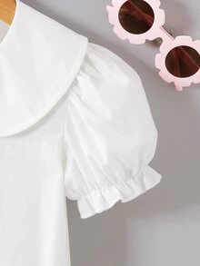 Souflis Souflis 女童白色純棉襯衫，彼得潘領泡泡袖夏季上衣，適合4-7歲，校園風返校派對洗禮婚禮穿搭 - 白色 - 查看 6
