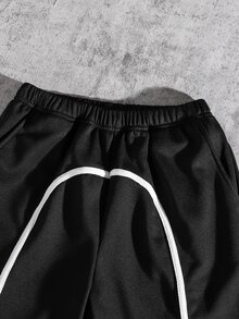 男童 7-12Y 對比滾邊寬腿運動長褲，拉鍊褲腳寬鬆黑色長褲，休閒街頭風春夏秋冬校園日常滑板玩耍長褲 - 黑色 - 查看 6