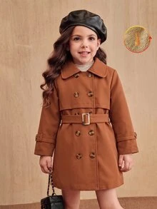 Elladie kids 女童雙排扣繫帶式風衣，抓絨內裡保暖冬季大衣，翻領休閒長版外套，秋季返校穿搭 - 棕色 - 查看 7