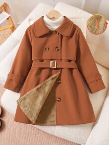 Elladie kids 女童雙排扣繫帶式風衣，抓絨內裡保暖冬季大衣，翻領休閒長版外套，秋季返校穿搭 - 棕色 - 查看 8