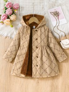 Elladie kids 少女蝴蝶結圖案幾何印花保暖內裡連帽雙排扣冬季外套，時尚休閒西式穿搭 - 彩色 - 查看 6