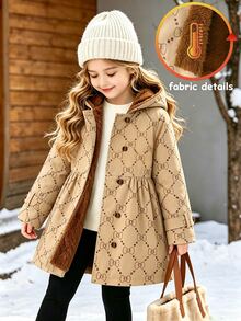 Elladie kids 少女蝴蝶結圖案幾何印花保暖內裡連帽雙排扣冬季外套，時尚休閒西式穿搭 - 彩色 - 查看 3