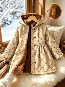 Elladie kids 少女蝴蝶結圖案幾何印花保暖內裡連帽雙排扣冬季外套，時尚休閒西式穿搭 - 彩色 - 查看 4