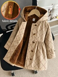 Elladie kids 少女蝴蝶結圖案幾何印花保暖內裡連帽雙排扣冬季外套，時尚休閒西式穿搭 - 彩色 - 查看 1