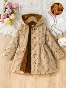Elladie kids 少女蝴蝶結圖案幾何印花保暖內裡連帽雙排扣冬季外套，時尚休閒西式穿搭 - 彩色 - 查看 7