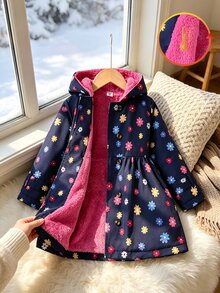 SHEIN 女童格紋抓絨內裡連帽長版大衣，可愛鈕扣前開襟娃娃裙式外套，復古格紋風衣大衣，適合秋冬上學穿著 - 藏蓝色 - 查看 1