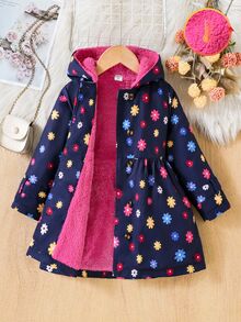 SHEIN 女童格紋抓絨內裡連帽長版大衣，可愛鈕扣前開襟娃娃裙式外套，復古格紋風衣大衣，適合秋冬上學穿著 - 藏蓝色 - 查看 5