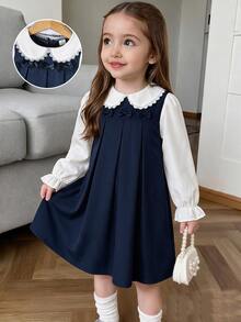 Girls Vintage Lace Collar Blouse & Pleated Pinafore Dress Set, Preppy School Style - Multicolor - View 4