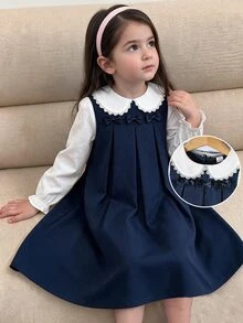 Girls Vintage Lace Collar Blouse & Pleated Pinafore Dress Set, Preppy School Style - Multicolor - View 5