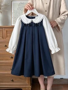 Girls Vintage Lace Collar Blouse & Pleated Pinafore Dress Set, Preppy School Style - Multicolor - View 1