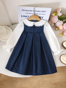 Girls Vintage Lace Collar Blouse & Pleated Pinafore Dress Set, Preppy School Style - Multicolor - View 2