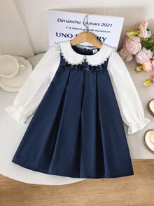 Girls Vintage Lace Collar Blouse & Pleated Pinafore Dress Set, Preppy School Style - Multicolor - View 6