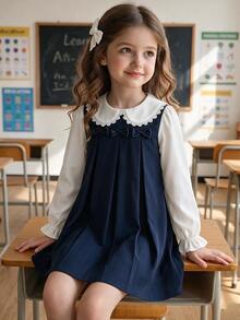 Girls Vintage Lace Collar Blouse & Pleated Pinafore Dress Set, Preppy School Style - Multicolor - View 3