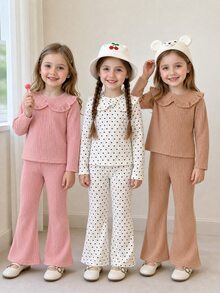Young Girls 3 Sets Autumn Young Girl Cute Peter Pan Collar Long Sleeve Ribbed Knit Tops And Flared Flared Pants Outfit Sets Fall Clothing - Multicolor - View 9