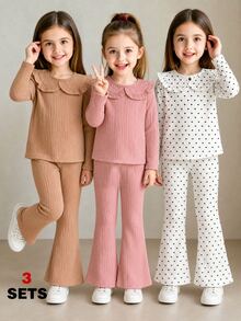 Young Girls 3 Sets Autumn Young Girl Cute Peter Pan Collar Long Sleeve Ribbed Knit Tops And Flared Flared Pants Outfit Sets Fall Clothing - Multicolor - View 6