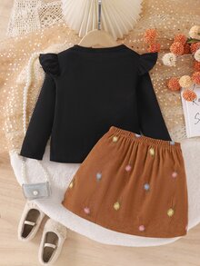 SHEIN Elladie kids 幼女 2件組 秋冬黑色羅紋針織荷葉邊長袖上衣搭配棕色毛球蝴蝶結燈芯絨裙套裝 可愛幼童秋季服飾 - 黑色 - 查看 3