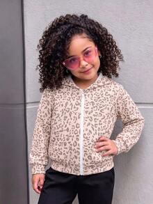 Elladie kids 少女休閒白色豹紋連帽衛衣，經典豹紋連帽夾克，Y2K風格，街頭風，復古，返校季，秋冬休閒，女孩休閒，秋冬，校園風，鄉村風，嘻哈風，豹紋長袖上衣，衛衣夾克 - 淺粉色 - 查看 4