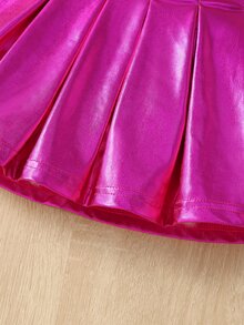 SHEIN 女小童發亮百褶中長半身裙,時尚和可愛適用於秋天和冬天季節 - 玫紅色 - 查看 6