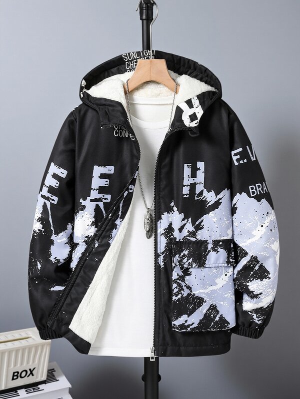 Tween Boys' Woven Fabric Hooded Jacket With Landscape And Letter Print Pattern, Lined With Plush Fabric, Suitable For Daily Wear In Autumn And Winter