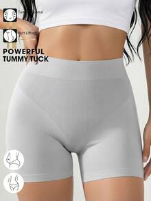 SHEIN 女款純色無縫高腰收腹提臀塑形短褲 - 淺灰色 - 查看 4